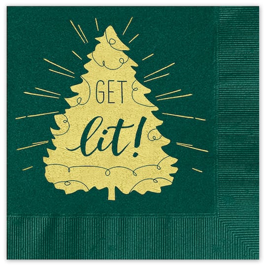 JAM Paper Green &#x26; Gold Get Lit Holiday Christmas Tree Beverage Napkins, 25ct.